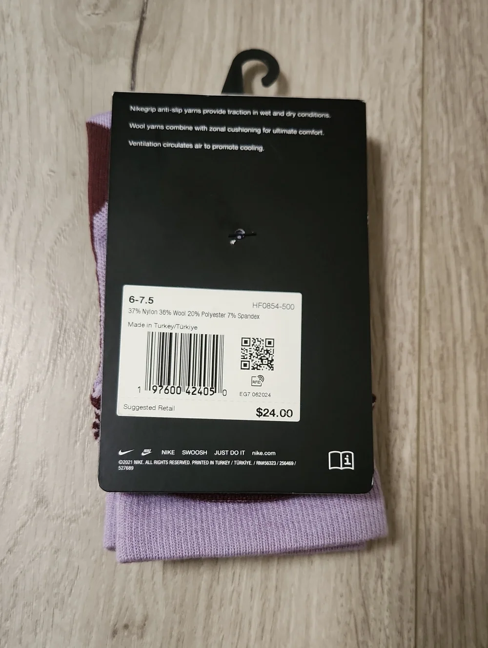 Nike Trail-Running Crew Socks Purple HF0854-500 Mens 6-7.5 Womens 7.5-9